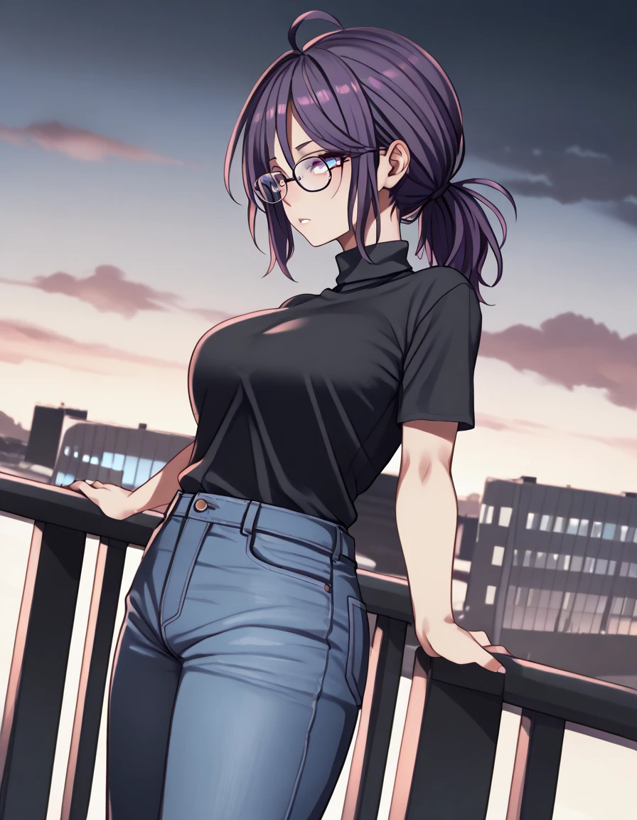 mature, violet, looking at viewer, female, apartment background, messy hair, grey shoulder-length hair, ponytail, parted lips, hair between eyes, ahoge, emotionless, tired eyes, standing, from behind, jeans, turtleneck shirt, comfy clothes, glasses, night, cloudy, leaning on railing, black wings on her waist, harpy, huge breasts