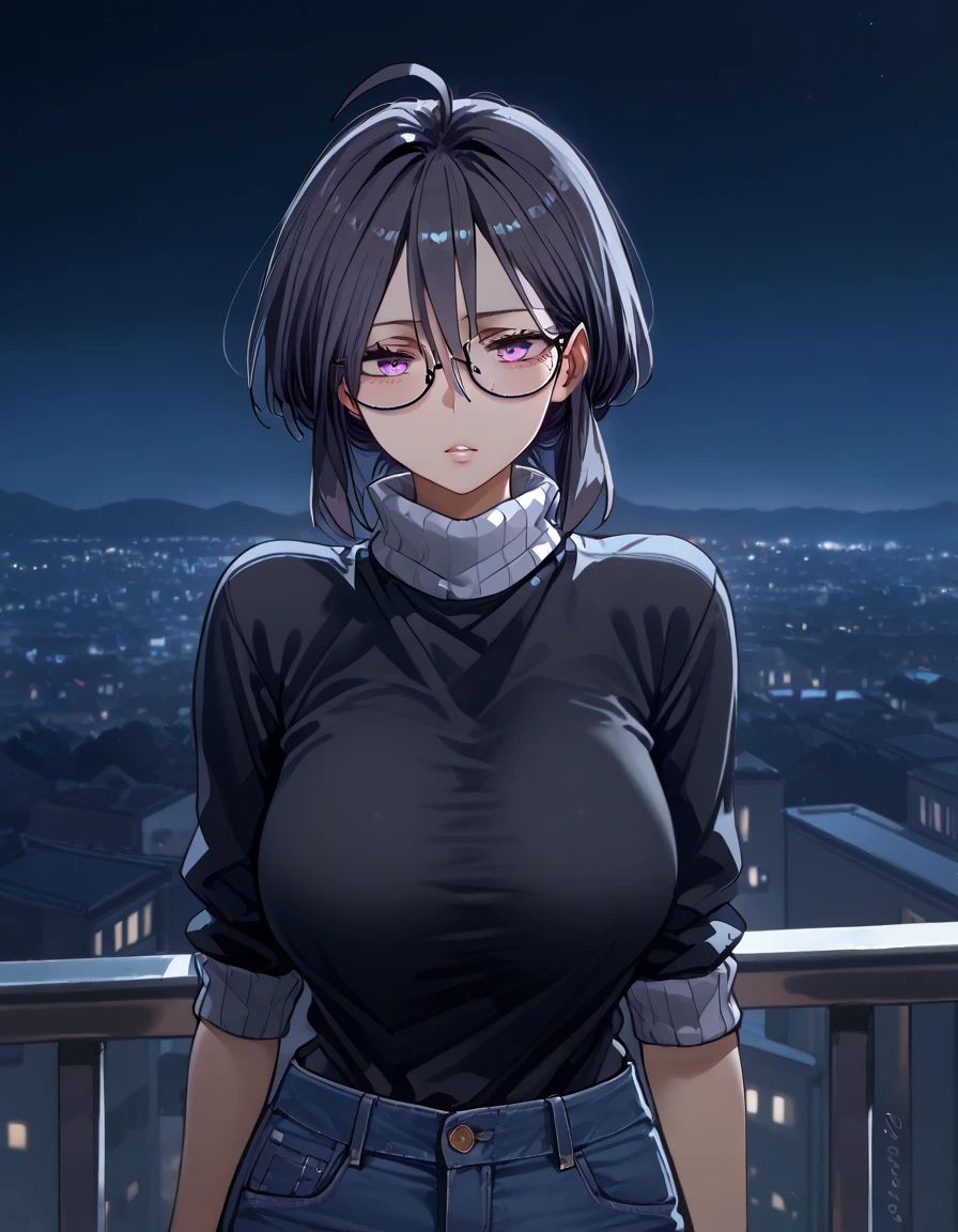 mature, violet, looking at viewer, female, apartment background, messy hair, grey shoulder-length hair, ponytail, parted lips, hair between eyes, ahoge, emotionless, tired eyes, standing, from behind, jeans, turtleneck shirt, comfy clothes, glasses, night, cloudy, leaning on railing, black wings on her waist, harpy, huge breasts