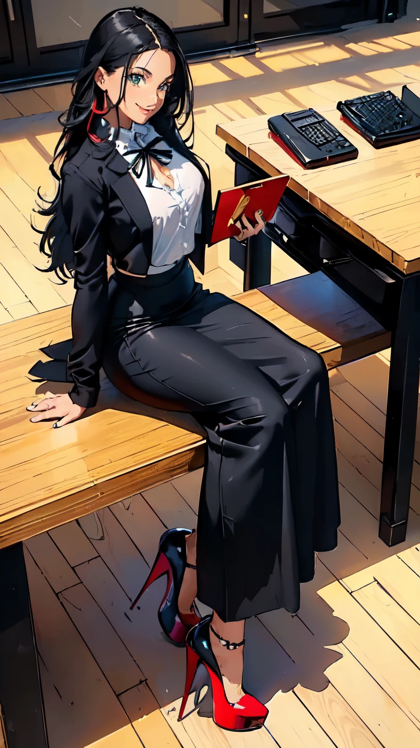 ((masterpiece, high resolution, better quality, better details)), ((Smiling)), ((one girl)) a girl sitting in the office, full body, maxi skirt, long skirt, ((long skirt without openings)),((louboutin high heels)), green eyes , ((black hair, long hair)), shiny skin, ((above view)), solo, from above, full body, focus full body, high heels, in office,