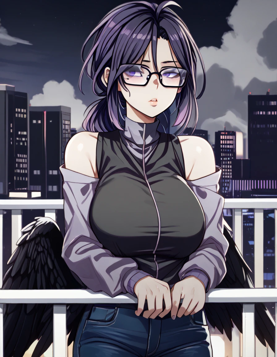 mature, violet, looking at viewer, female, apartment background, messy hair, grey shoulder-length hair, ponytail, parted lips, hair between eyes, ahoge, emotionless, tired eyes, standing, from behind, jeans, turtleneck shirt, comfy clothes, glasses, night, cloudy, leaning on railing, black wings on her waist, harpy, huge breasts