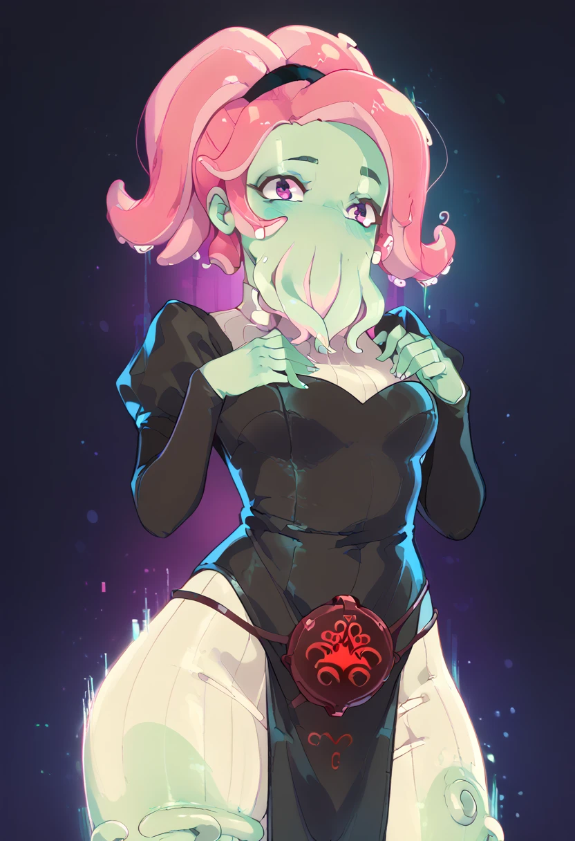 Character Tags: mollusk, cthulhu, tentacle mouth, tentacle hair, pink hair, green skin, pink eyes
Outfit Tags: two-toned dress, amulet belt, black hairband,glitch
glowing
dark background