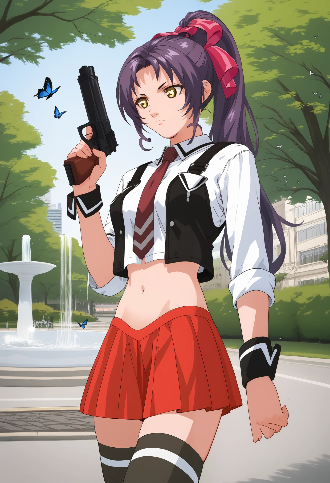 solo,
NamiKozono,1girl,purple hair,high ponytail,hair ribbon,yellow eyes,
school uniform,white shirt,strap,vest,red tie,
red skirt,
thighhighs,(nsfw) not safe for work, bellybutton showing, exposed navel, exposed bellybutton,holding a gun,handgun, evil expression, exposed belly, exposed
navel, exposed midriff, exposed lower belly,outside, park, city, day, fountain, birds, butterfly, tree,