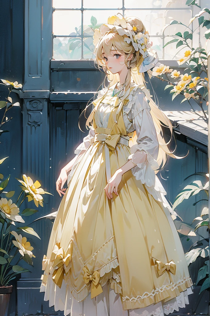 1 anime girl in a light yellow gauze skirt standing in front of a flower wall,cabellos largos dorados，Soft anime illustration,Guviz, style of anime4 K