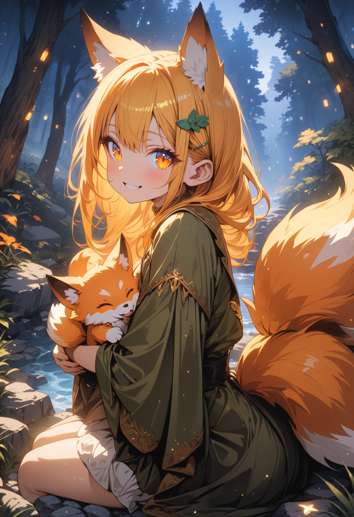 1girl, orange fluffy fox tails, sitting, happy, hugging own tails, looking at viewer, fox tails, yellow hair, long hair, forest night, smile, fantasy, fox ears, ((masterpiece, best quality, high detailed)), from side, cute, beautiful, rivers, hair clip, on stones around the rivers, orange fox tails, bioluminescence, plants, tree, night, light