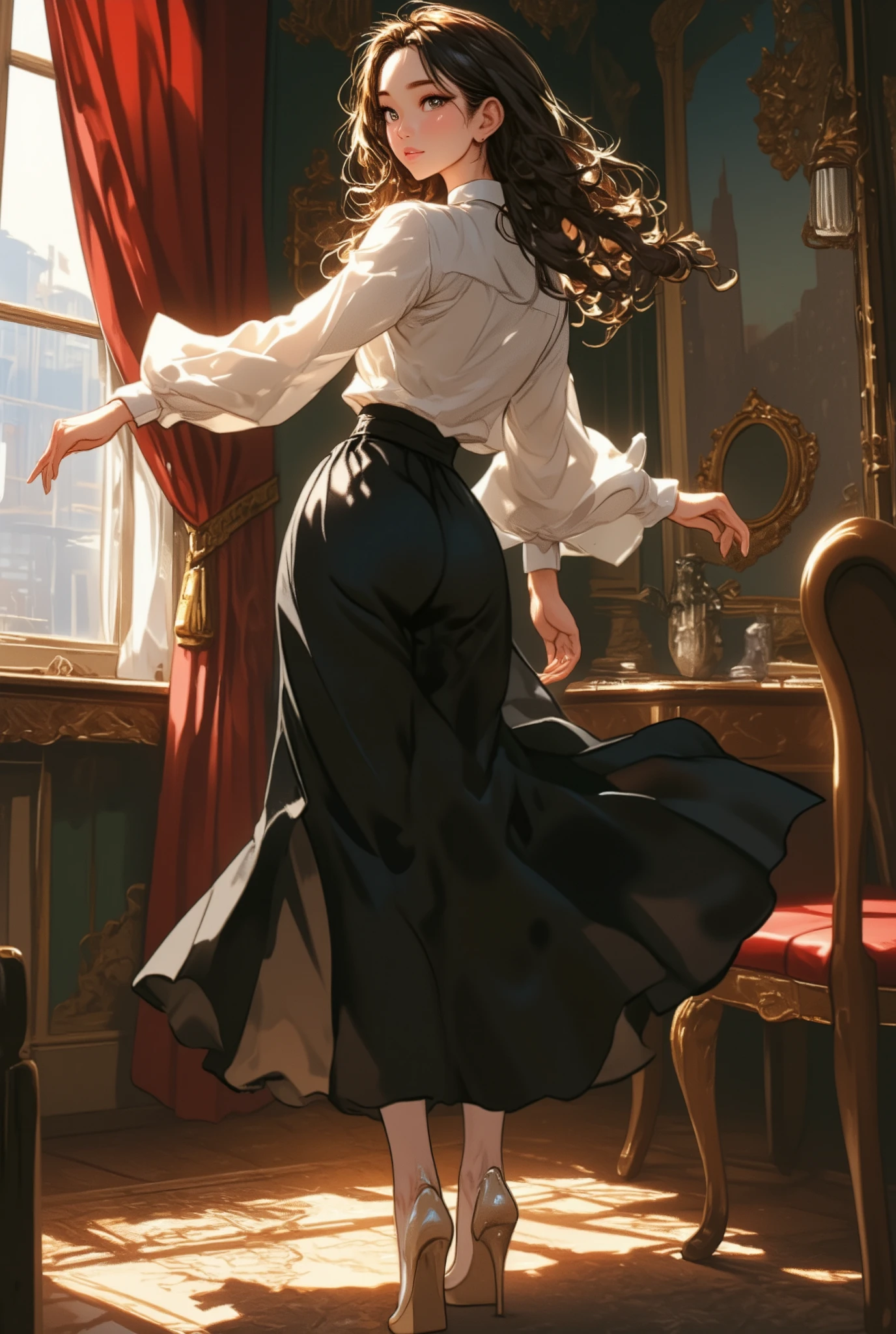 ((masterpiece, high resolution, better quality, better details)), ((Smiling)), ((one girl)) a girl sitting in the office, full body, maxi skirt, long skirt, ((long skirt without openings)),((louboutin high heels)), green eyes , ((black hair, long hair)), shiny skin, ((above view)), solo, from above, full body, focus full body, high heels, in office,