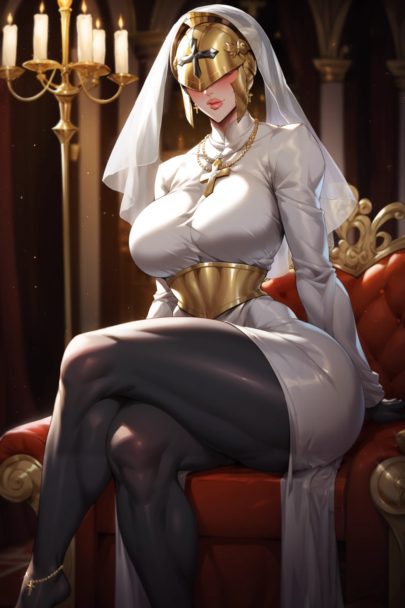  A woman, milf, black skin, wearing a white veil, wearing a white knight armor, Holy cross, Holy order, golden jewelry, covered eyes, heart shaped lips , chestplate, white loincloth, white robe , covered chest, cute blush over helmet. senos enormes, accentuated hips, huge ass, wide hips, narrow waist, thick thighs,(obra maestra, altamente detallado, la mejor calidad, 8k), detailed feet, bokeh, sitting in a chair, crossed legs, luxurious house