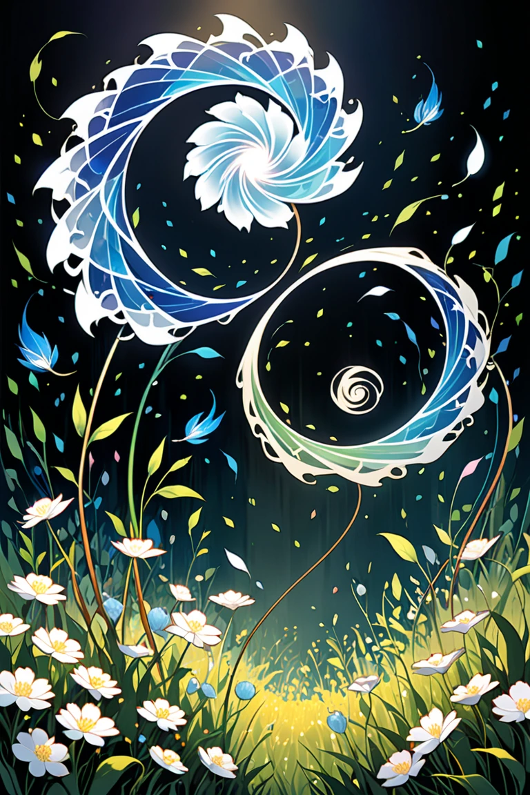 Elegant, simple, excellent images, poetry, steam, invasive art, mixed brush, airy shapes of :  Muslin pixel velvet, aerosol accents, template, ghostly hybrid flower, meadow grass, occlusion, mystical lighting, sophisticated mixed illustration by Bilibin and Nakashima Kiyoshi:  curls, spiral, harmony, sophistication, subtle relief of petals, the effect of full presence, the distinctive C-I :  silk plant, immersive dynamics of three-dimensional neon diamond lines, fragile animation, contour light, 