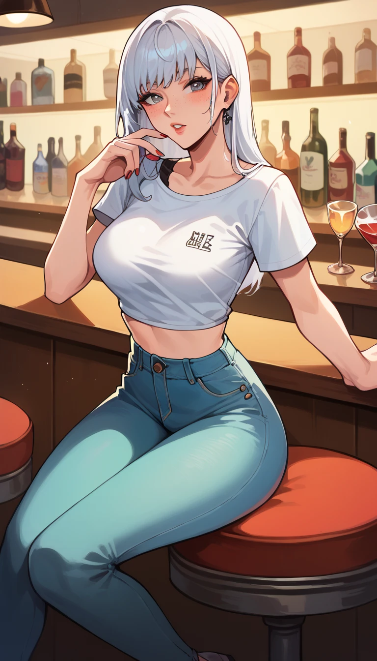 One anime girl, Korean girl 24 years old with long white hair Smooth long , medium gray eyes Pupil with long eyelashes, freckles on the cheeks and nose, light skin, White top with a drawing of green rackets in the center, jeans, with a relaxed position, sitting on a red bar. Nsfw