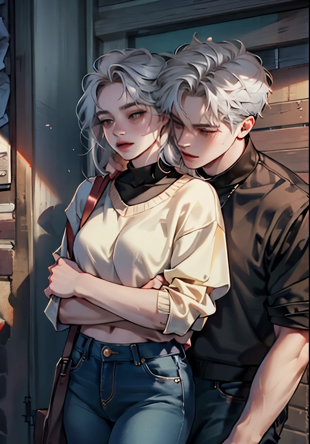  Amazing portrait of a sexy woman wearing her short black hair in a bob with a white hairband and some elegant earrings and a black sleeveless sweater paired with a cream skirt kissing and making out passionately with a shirtless boy in an intimate setting