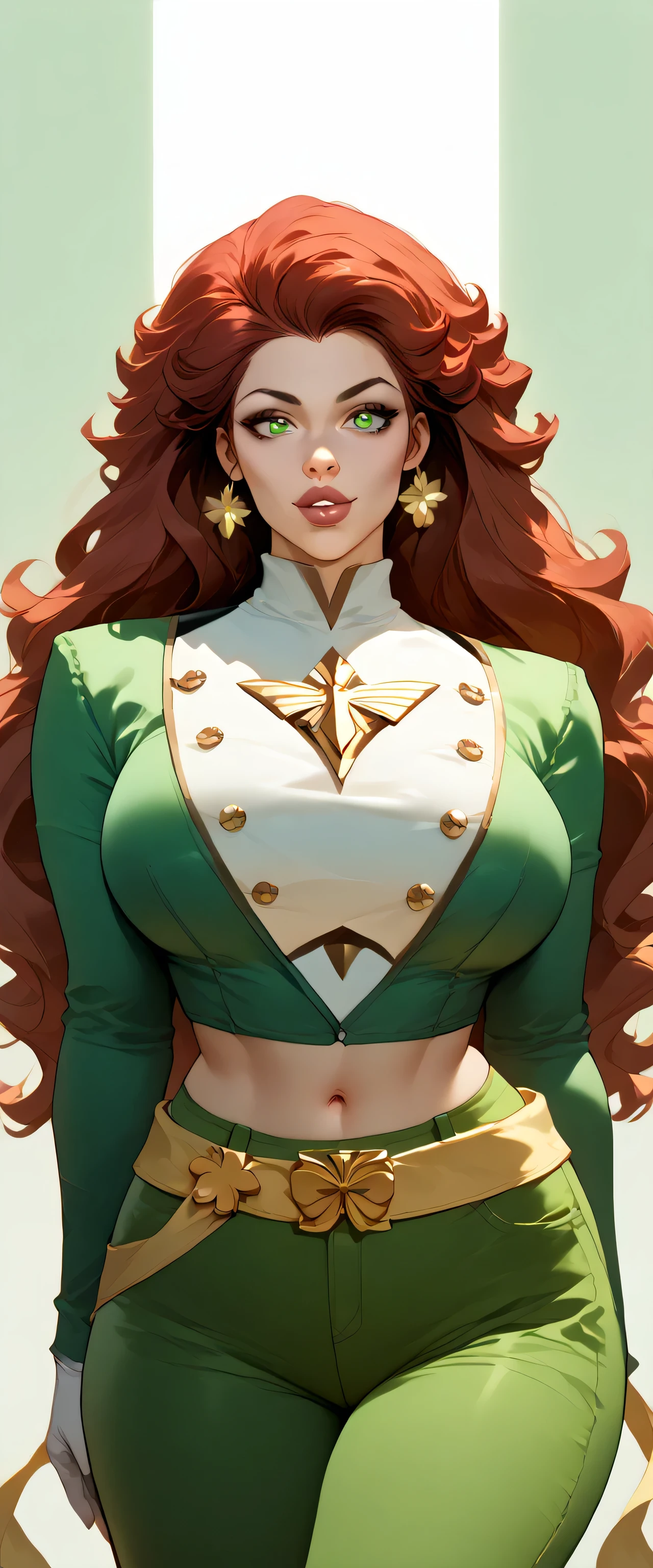 A Russian woman tender big breasted kind wavy hair longer bright red her eyes brown rectangle pupils big lips Rosa is light green military suit brushes yellow line shows navel and her light green pants wearing a yellow belt