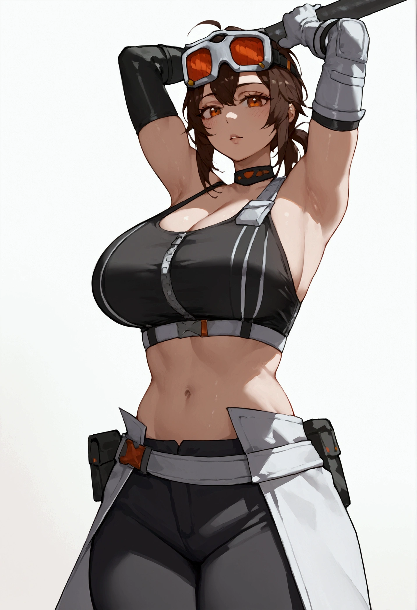 score_9, score_8_up, score_7_up, score_9, BREAK, 1girl, huge breasts, solo, score_9, score_8, score_8_up, gracehd-ponyxl, 1girl, black choker, black gloves, white gloves, black pants, black sports bra, elbow gloves, goggles on head, looking at viewer, low ponytail, parted lips, white gloves, zipper, belt, elijahzx style, arms up, armpits