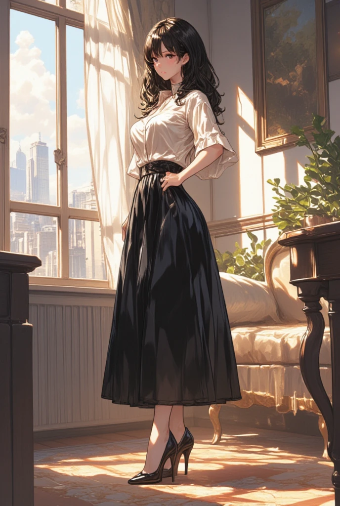 ((masterpiece, high resolution, better quality, better details)), ((Smiling)), ((one girl)) a girl sitting in the office, full body, maxi skirt, long skirt, ((long skirt without openings)),((louboutin high heels)), green eyes , ((black hair, long hair)), shiny skin, ((above view)), solo, from above, full body, focus full body, high heels, in office,