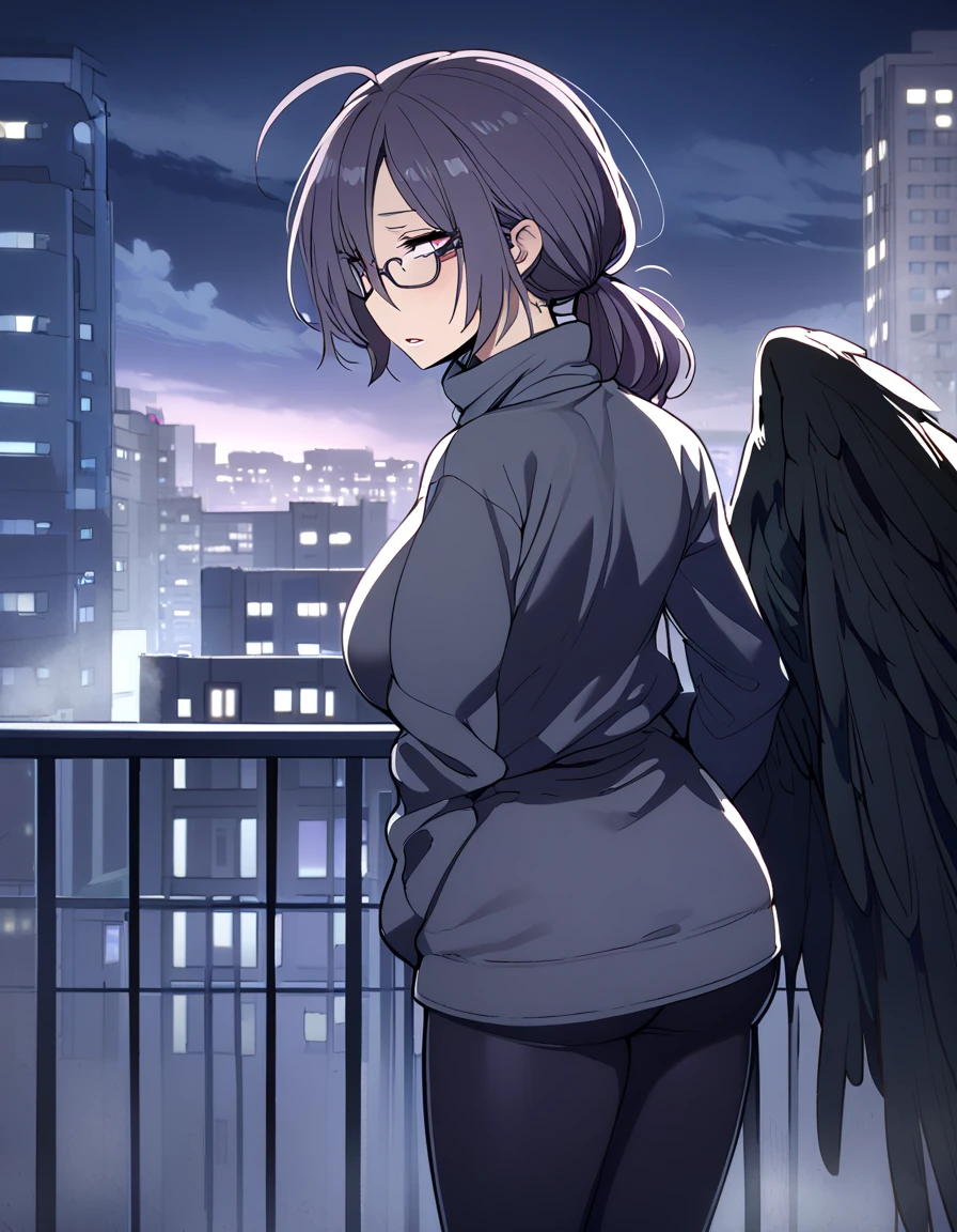 mature, violet, looking at viewer, female, apartment background, messy hair, grey shoulder-length hair, ponytail, parted lips, hair between eyes, ahoge, emotionless, tired eyes, standing, from behind, leggings, turtleneck shirt, comfy clothes, glasses, night, cloudy, leaning on railing, black wings on her waist, harpy, huge breasts