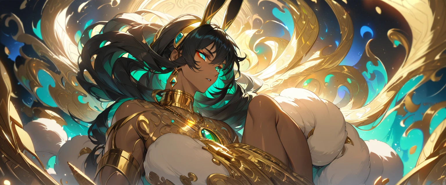 Anime man, very long fluffy black hair, green bangs, Egyptian, Brown skin, gold, gold necklace, Bunny costume, sexy, pretty lighting, dynamic pose, detailed, ((man)), half body, epic, beautiful, detailed face, highres, ultra detailed, (((bright colours, A striking theme))),(Intricate),(Masterpiece),(Best Quality).