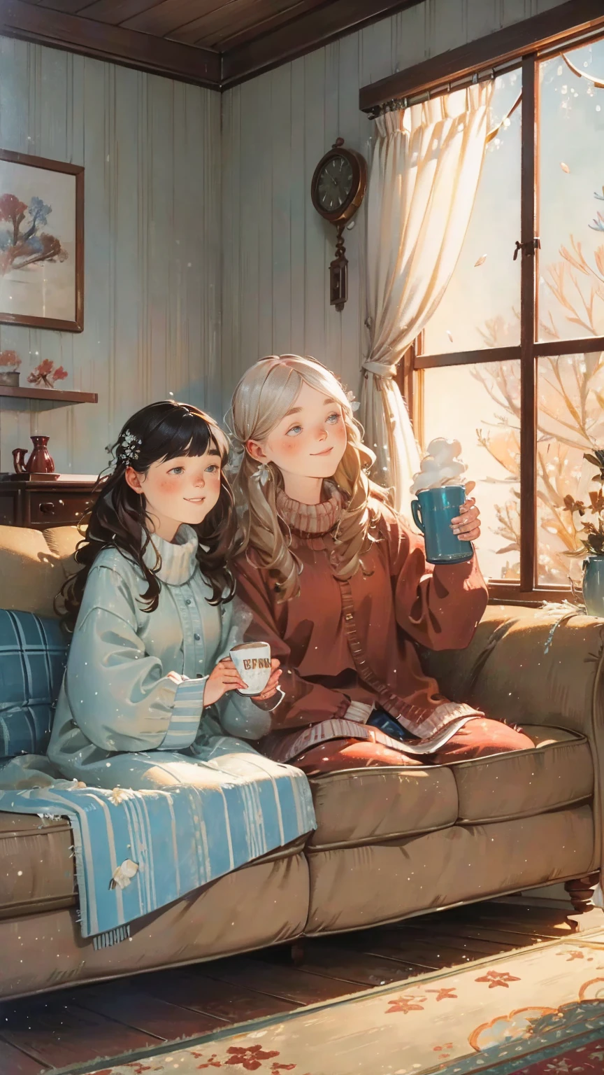 wood floor living room、furnace、couples sits at sofa cuddled inside blanket looking at windows、they holding cup of hot chocolate, snowy window outside、evening、snow drops、cozy living room, nice aesthetics carpets