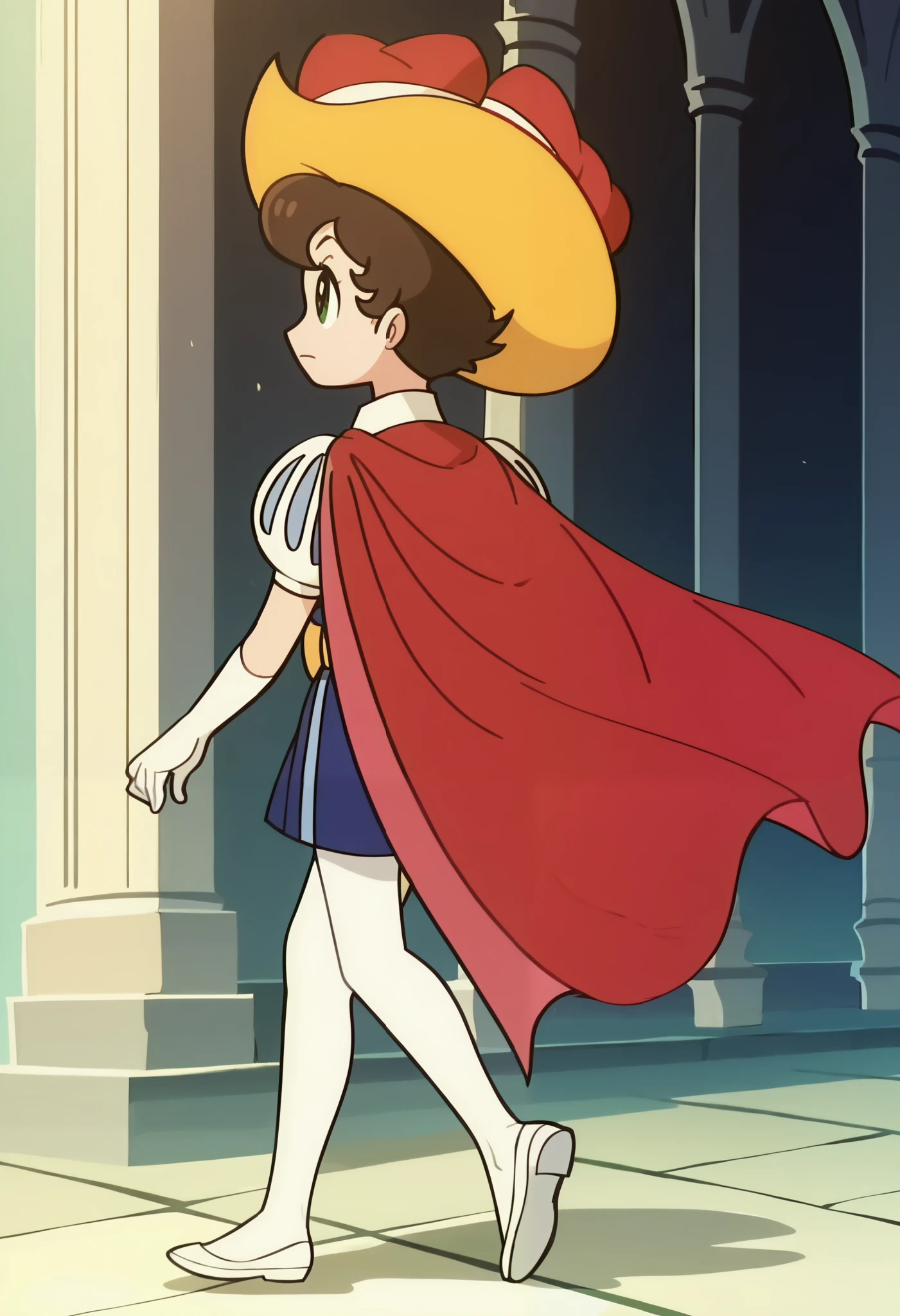 Sapphire, princess knight, anime screencap, full body, walking towards viewer, solo, red cape, yellow hat