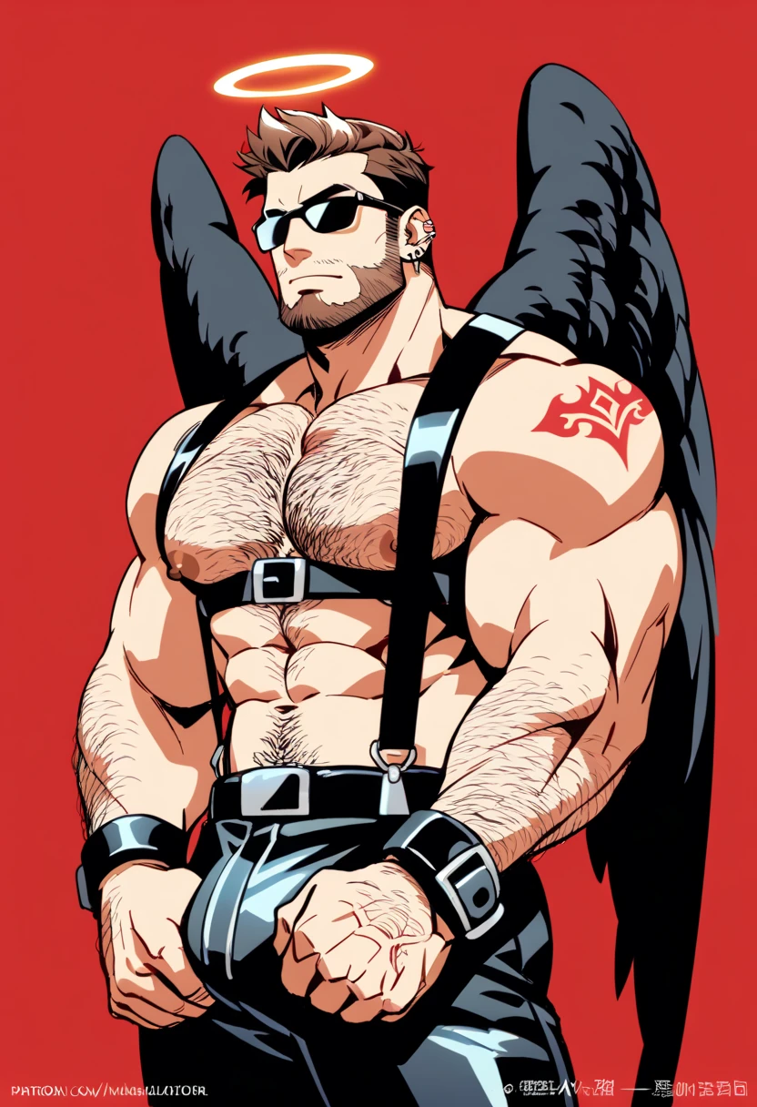 a bearded tattooed muscle cowboy with  angel black wings  posing,  SFW,  muscular man,  Perfect anatomy ,  balanced anatomy ,  hairy,  big breast, BDSM costume , cowboy hat, Sunglasses,  big penis, black harness , big crotch, obscene expression,  muscular,  short haircut, bearded,  brown hair , piercings,  angel black wings ,  red background ,  high resolution ,  HIGH QUALITY,  Masterpiece.