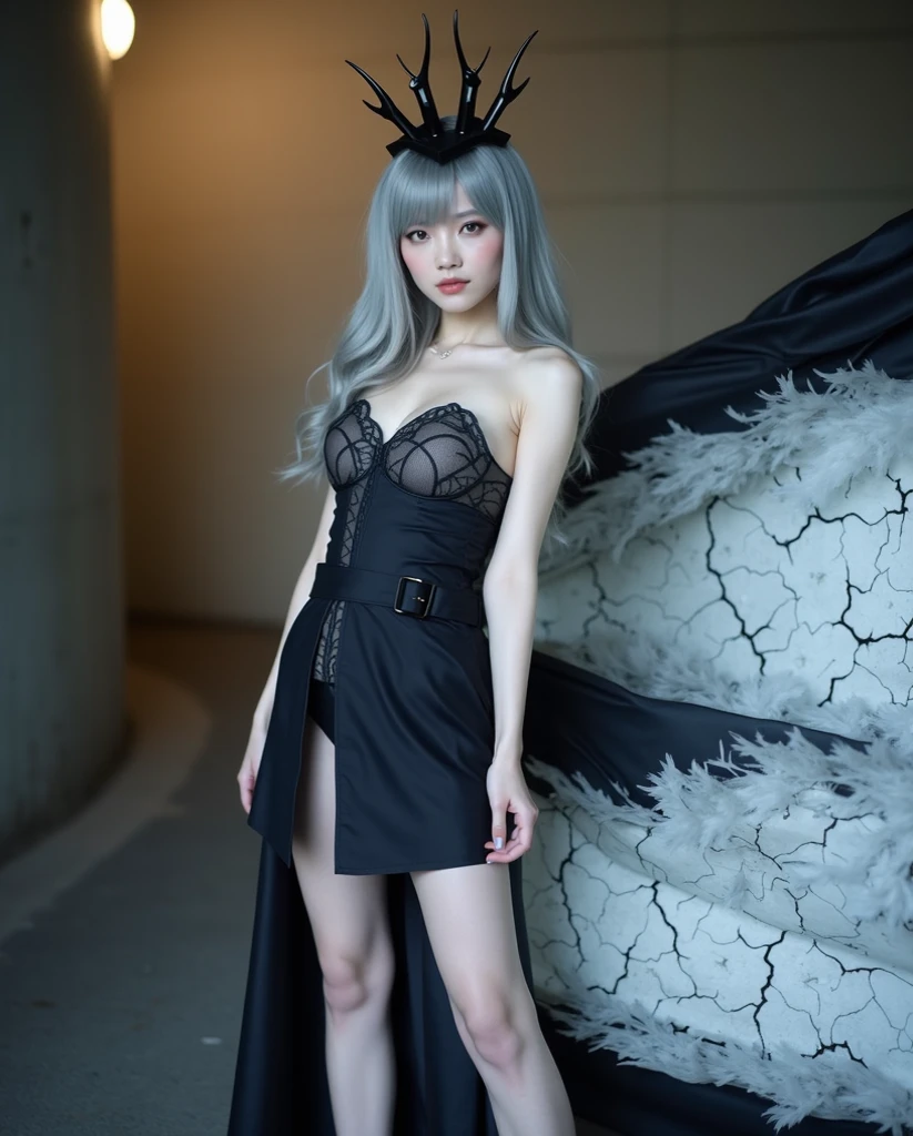 Royal sister，exquisite eyes，ice queen，put the crown on your head，Detailed facial expressions body，tall figure，Gorgeous，Leg length，4K，HD，Sensual，translucent lace，白皙plump figure，pretty face，Little cherry mouth，beautiful and delicious（3D royal sister），plump figure，gloss gel coat，Queen in luxurious dress，Crystal Gem Crown，Necklace jewelry，tattoo，Wear black gloves，back view，Holes black