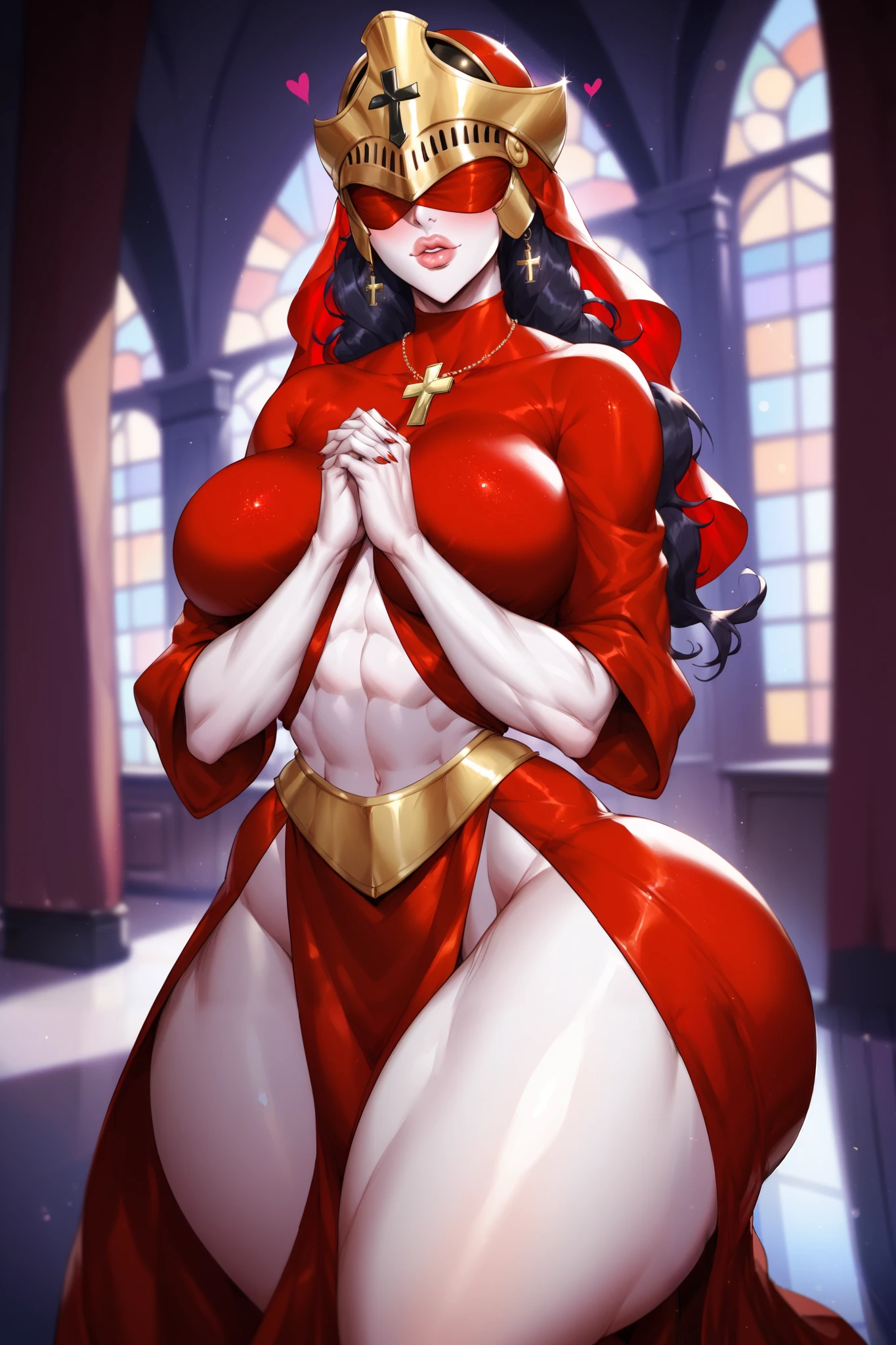  A woman, white skin, wearing a red veil, wearing a red knight armor, Holy cross, Holy order, golden jewelry, covered eyes, heart shaped lips , chestplate, red loincloth, red robe , covered chest, cute blush over helmet. senos enormes, accentuated hips, huge ass, wide hips, narrow waist, thick thighs,(obra maestra, altamente detallado, la mejor calidad, 8k), bokeh, Standing, hands together, luxurious house