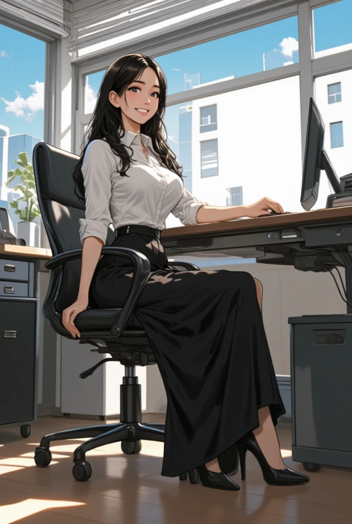 ((masterpiece, high resolution, better quality, better details)), ((Smiling)), ((one girl)) a girl sitting in the office, full body, maxi skirt, long skirt, ((long skirt without openings)),((louboutin high heels)), green eyes , ((black hair, long hair)), shiny skin, ((above view)), solo, from above, full body, focus full body, high heels, in office,