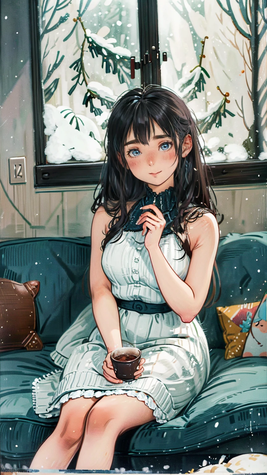 wood floor living room、furnace、couples sits at sofa cuddled inside blanket looking at windows、they holding cup of hot chocolate, snowy window outside、evening、snow drops、cozy living room, nice aesthetics carpets