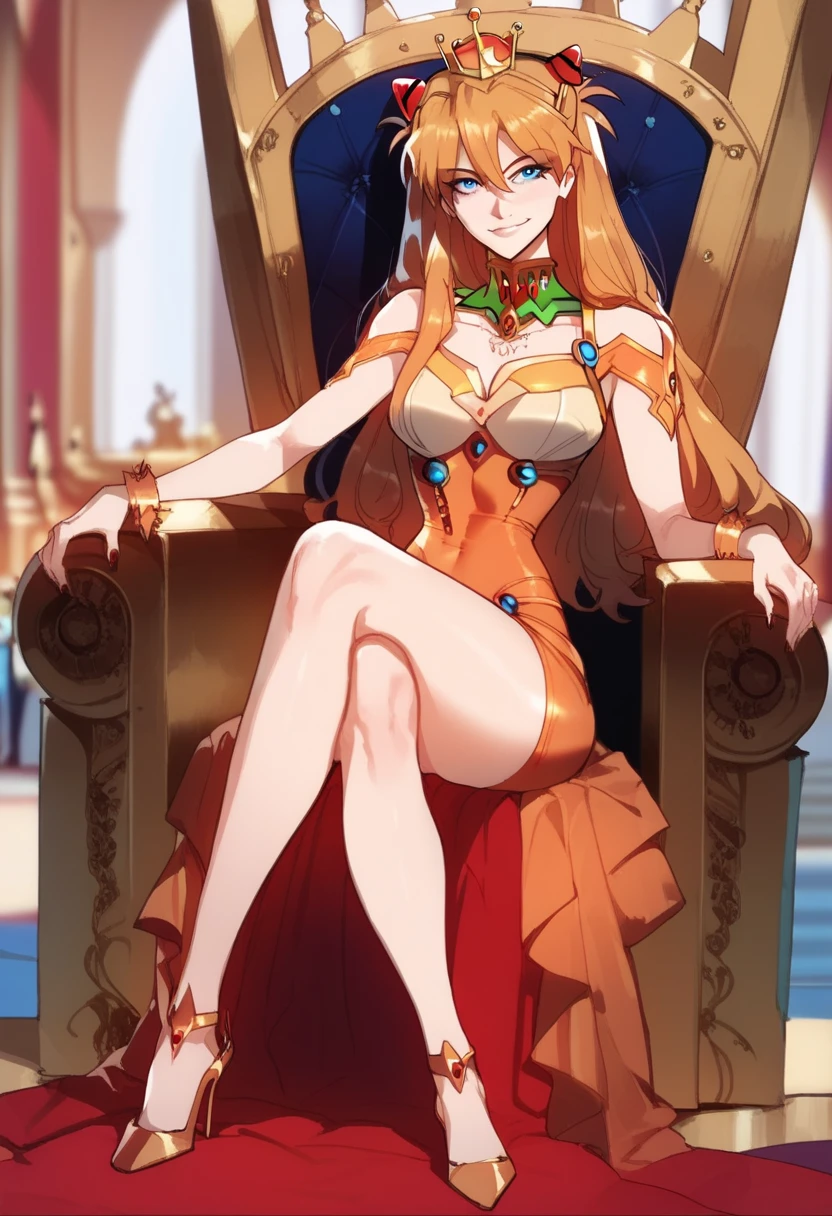 asklng1,1girl,long hair,blue eyes,orange hair, queen dress, smile, sitting on throne, throne room, loking at front, looking at viewer, queen crown, legs, heels 