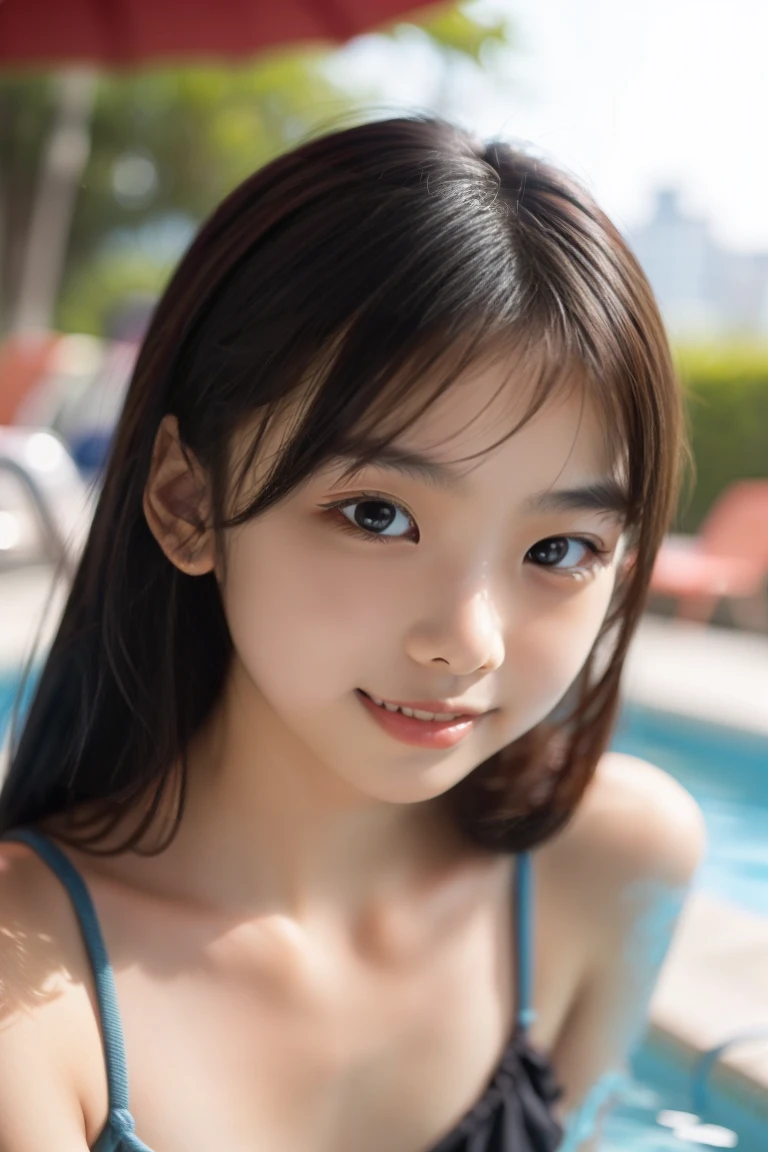 best quality, ultra-detailed, ray tracing, beautiful 10-yo girl, detailed beautiful face, looking at viewer, smile, blush, Beaming,  bikini, downblouse, longhair, poolside, slenderwaist,