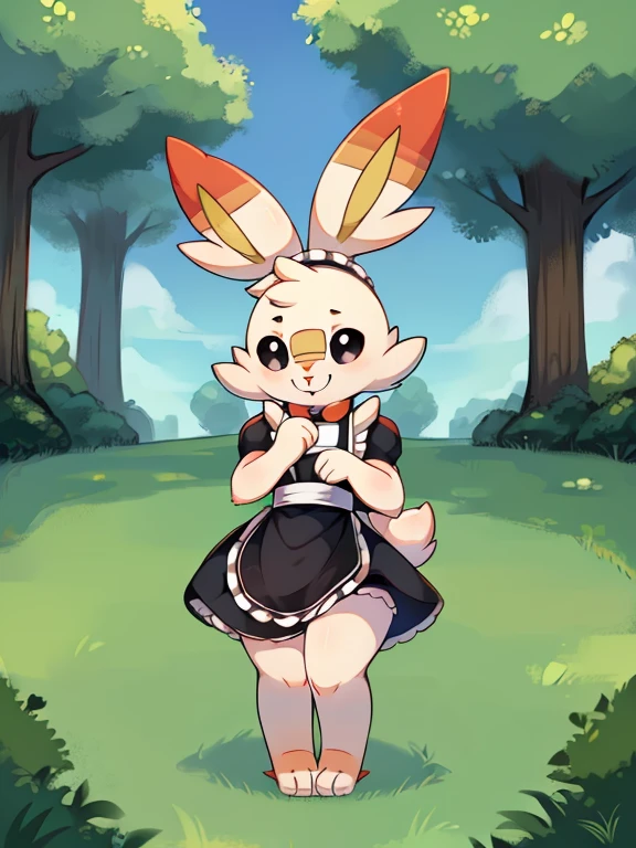 (baby scorbunny),(scorbunny Pokémon),(black eyes),((green park)), (anatomically correct) (Fluffy) (furry) (fuffy paws) (black pupils) ((full body)) (cute) (maid)