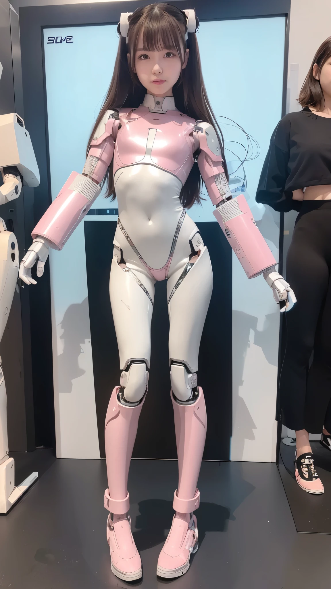 cyborgs, Pink, Silver, metalic, Robot Parts, Metal Parts, Super Detailed Face, Super Cropped Face, of the highest quality, a small face, Full body, Standing, Black hair, Thin, Camera gaze, Internal Mechanical Exposure, Idol, Live action,, 9 head body, gravure, Photo session, akihabara, Moe Pose, Frontal, Model body type, sad, Embarrassing,(Perfect Robot Girl),(Perfect machine body)