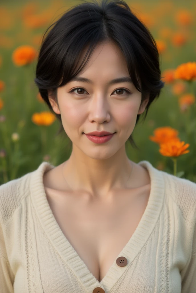 Mature Woman, ( detailed description of hair ), (Detailed description of the face), (Detailed description of the body), high definition , masterpiece,  top quality,  High Details, formal: 1.4), ( realistic : 1.2, 超 realistic な: 1.1,  realistic: 1.37), ( Sharp Focus : 1.4),  is written by,  physically-based rendering,very short hair ,  unrivaled beauty , (Ultimate beauty), (lipstick:1.1), ( eyeliner :1.2), ( mascara), ( Eye Shadow ), (48 years old,: 1.4), Japanese、 closeup 、 fine lines of laughter :1.2、seductive smile,(Vanilla cream x cable knit and button design sweater)、(Flower field background)