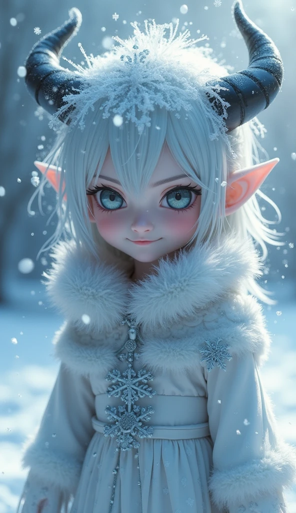 New Year's theme. snow maiden. Corrupted little anime girl evil smirking