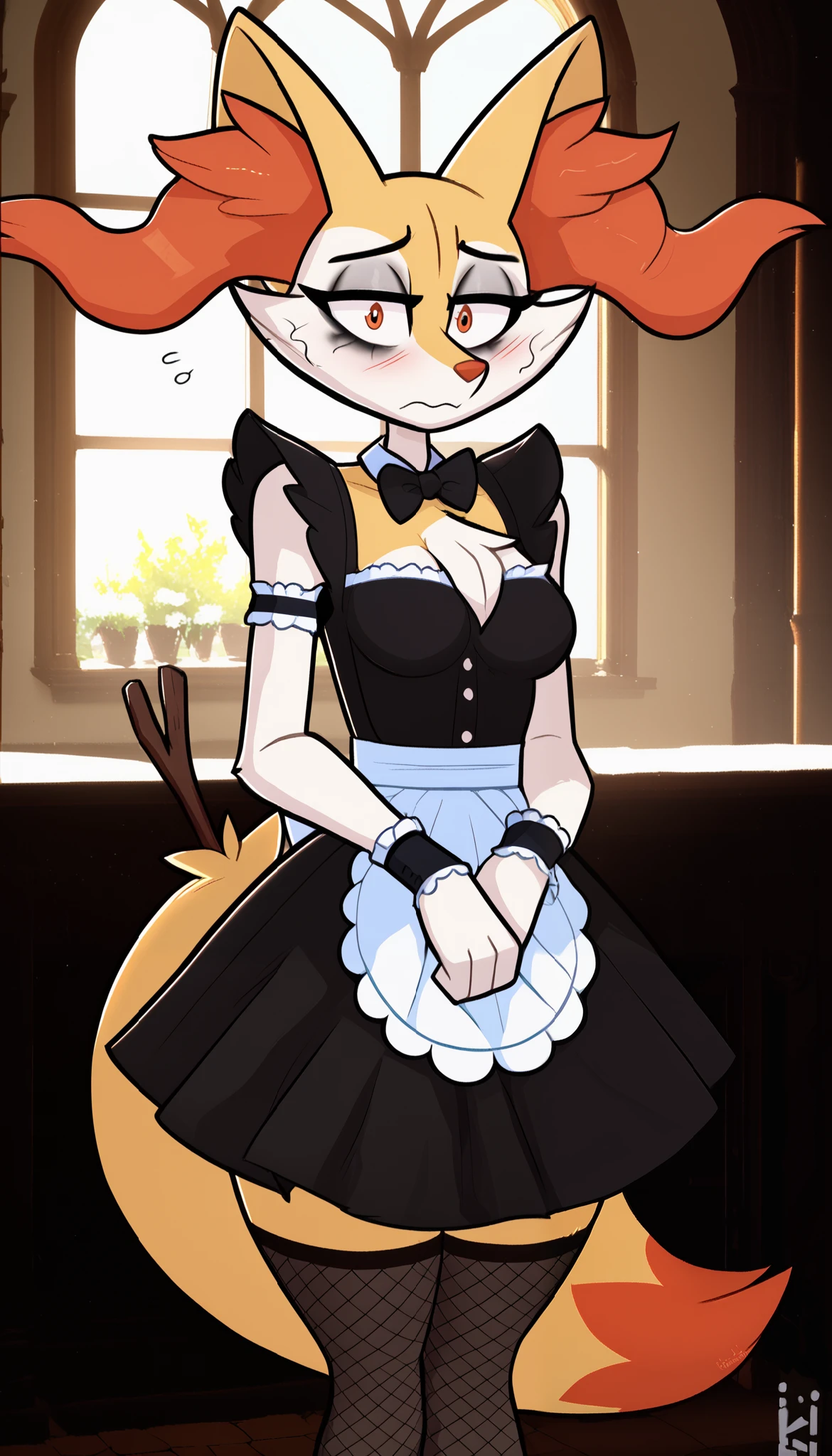 A male tall ager Wolf hybrid cat with Orange fur with blue colour eyes, wear maid clothes with the skirt lift up showing underwear and he begging to stop with tail being hold tight and pull by hand, body trembling and Satisfied with small cock are have fuck threesome in public