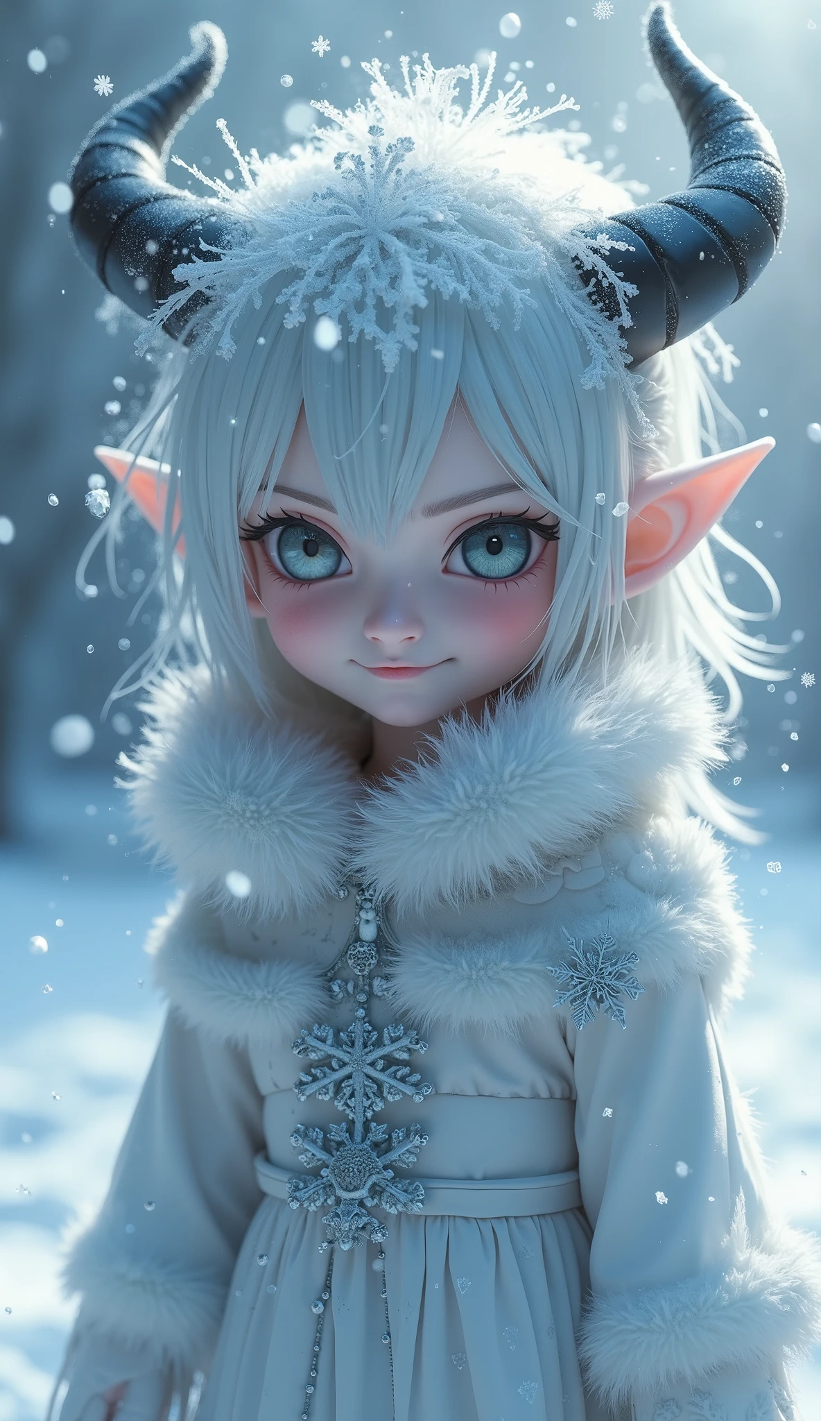 New Year's theme. snow maiden. Corrupted little anime girl evil smirking