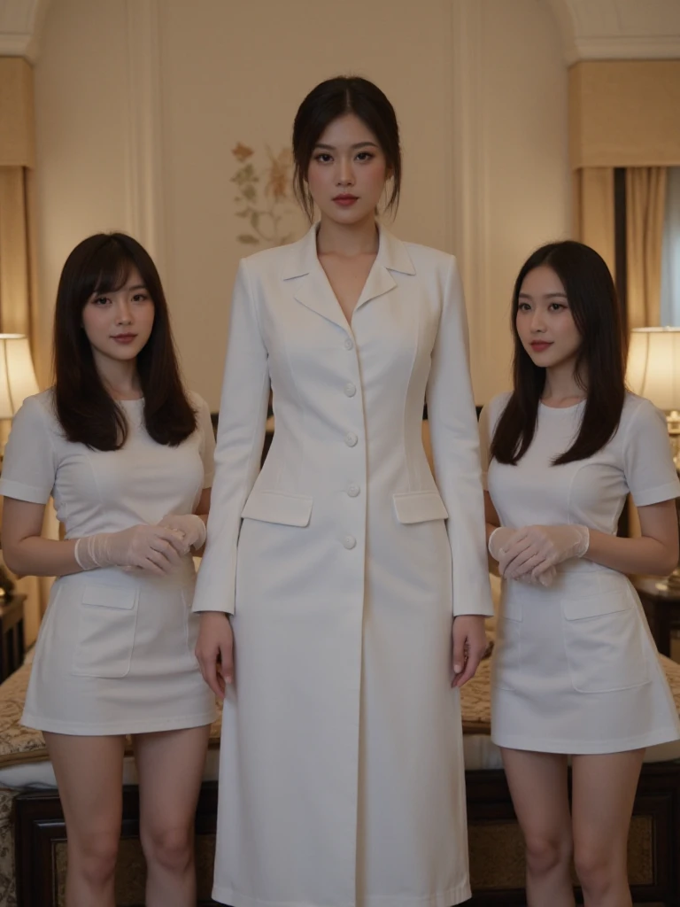 lady boss and 2 nurses in rubber gloves,skirt,lite skin,,smiling they looking down at you, mansion bedroom,(full body), , talking ,, , , , , , bright, , different faces, serious look, foto, , ,, 