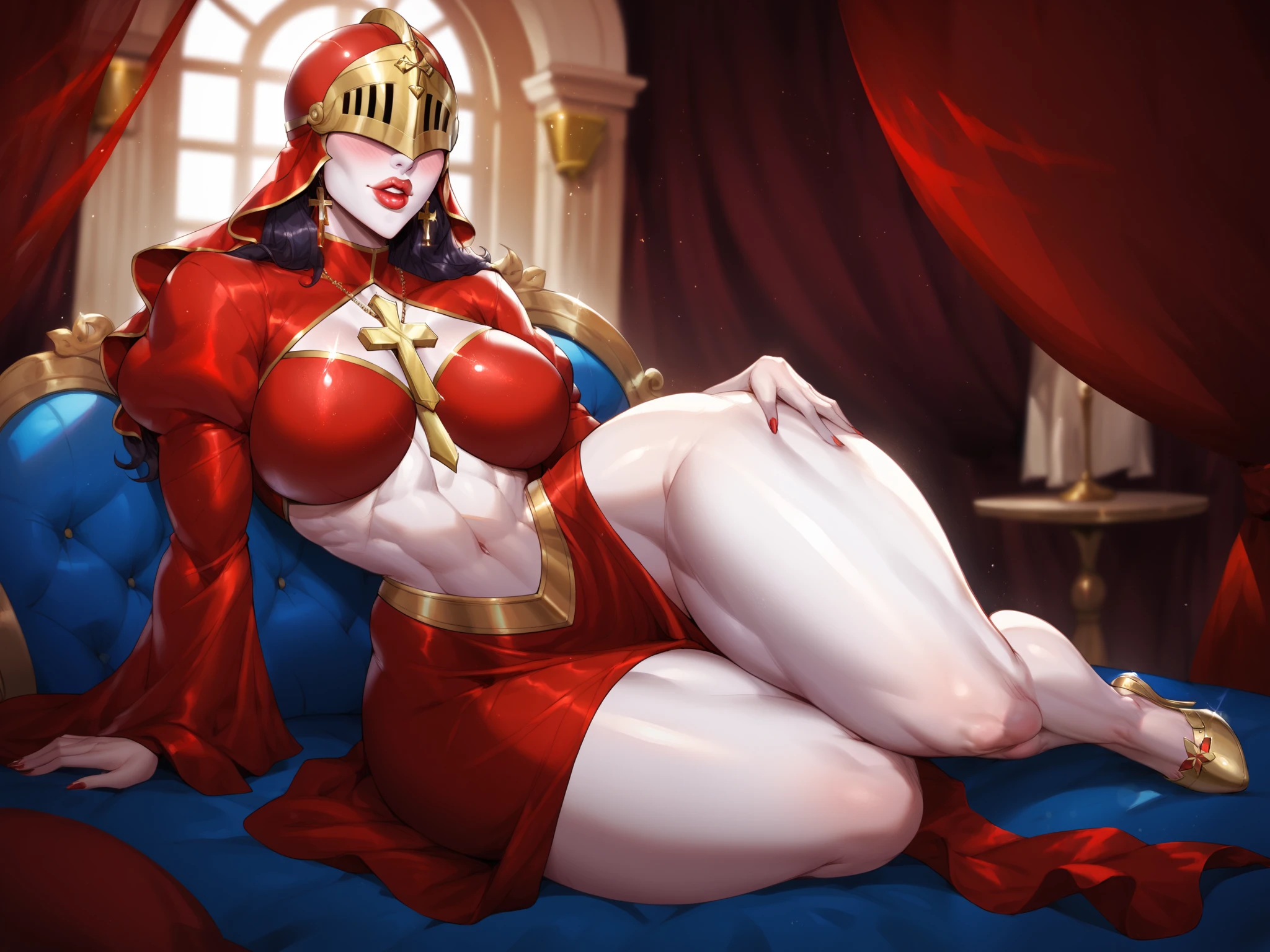  A woman, white skin, wearing a red veil, wearing a red knight armor, Holy cross, Holy order, golden jewelry, covered eyes, heart shaped lips , chestplate, red loincloth, red robe , covered chest, cute blush over helmet, red lipstick. senos enormes, accentuated hips, huge ass, wide hips, narrow waist, thick thighs,(obra maestra, altamente detallado, la mejor calidad, 8k), detailed feet, bokeh, laying on a chair, hand on hips, luxurious house