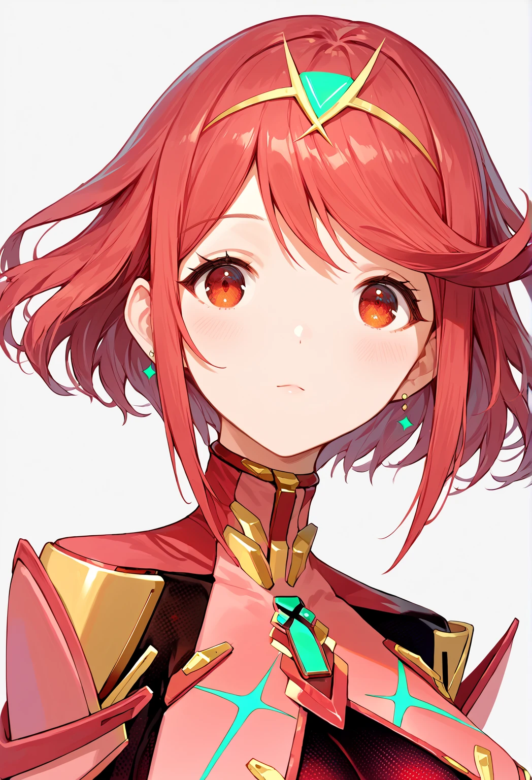 score_9, score_8_up, score_7_up,source_anime, high res image,masterpiece,best quality,girl,cute face,clear skin,simple_background,  red eyes, red hair, short hair, Pyra