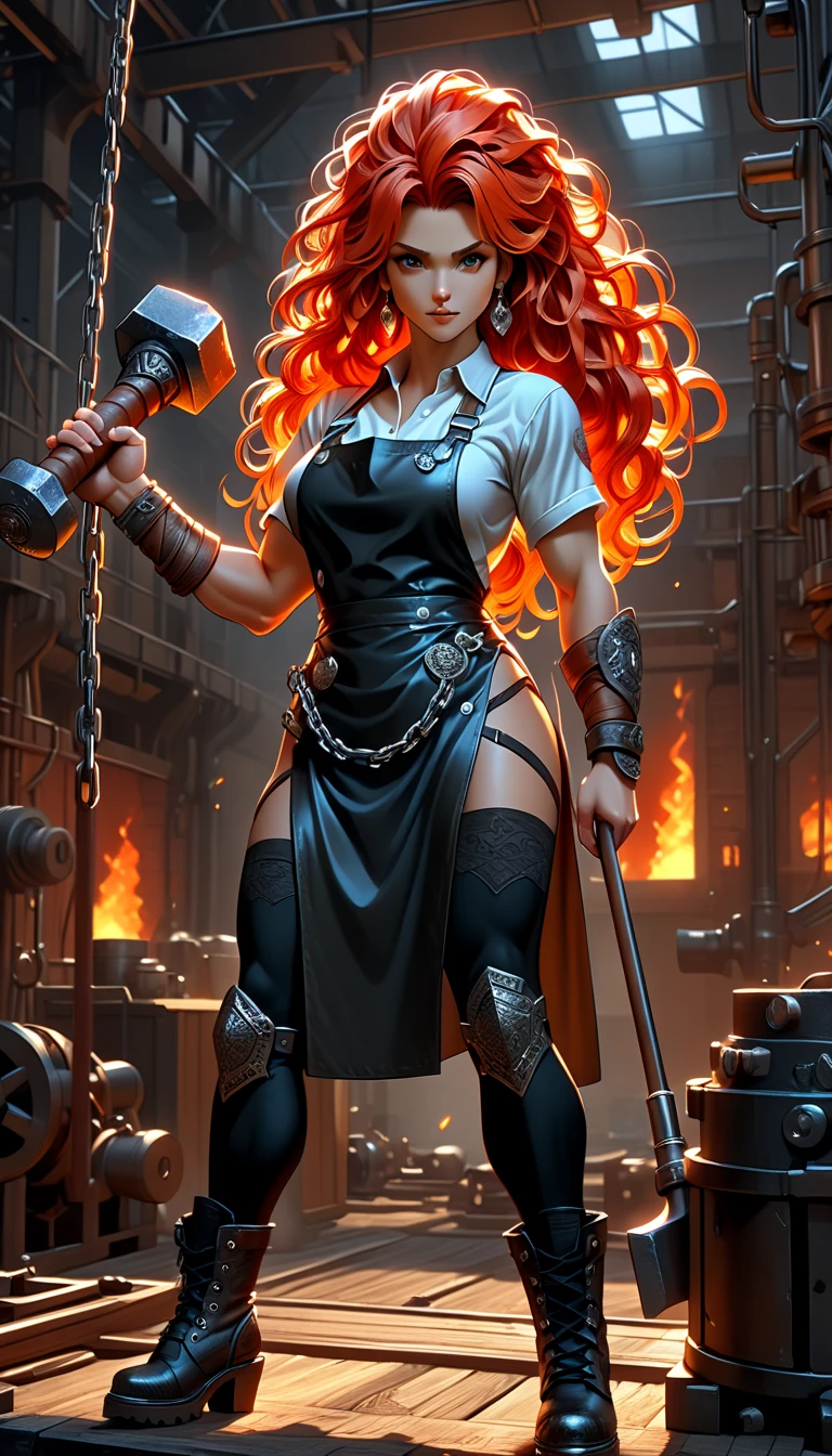 1woman, goddess of the forge, Hephaestus, ((blacksmith woman)), middle-aged woman in her 40s, ((high resolution)), intricately detailed facial features, detailed piercing eyes, refined jawline, masterpiece, 8k, UHD, HDR, ((hyper realistic)), overhead swing pose, cinematic lighting, dramatic shadows, warm color tones, intricate details, hyper-detailed, toned muscle physique, ((wavy hair like a burning ember_red at the center_black at the ends_medium length)), burn scars on chest and arms, (wearing leather apron, apron with glowing symbols), (button up shirt (tight, black)) , (leggings_skintight_white), (flat heeled black work boots), ((swings a huge smithy hammer in one hand over her head)), smith's hammer glows, standing in front an angelic anvil, (set inside a massive automated factory:1.37), battle hammer, (spl1th41r, two tone hair)