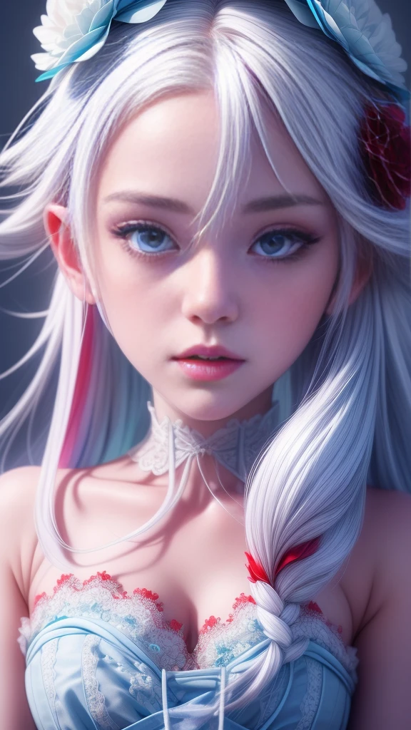 (1 cute girl), (white hair), grey eyes, wearing a beautiful baby blue lace dress. White skin, splat art background, eye_detail, multi coloured background_detail, face_detail, hair_detail with red flower, more_detail, add_detail, add detailed, cute_face,upper body shot