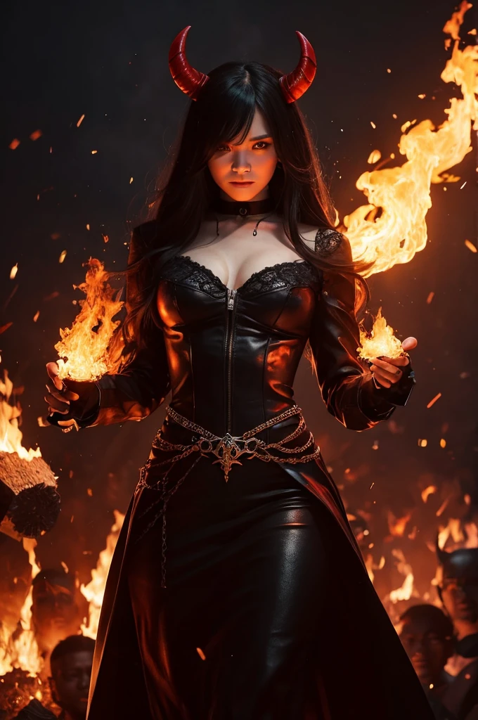 dark, Unclean, evil, Astral, creepy style, Undead, Rotten skin, Mysterious, Soft skin and a nice perfect face, young beautiful girl portrait on fire, From the side, White smoke, haze, night, Black clothes, Long white hair, horn, Shine赤目, Shine, fire