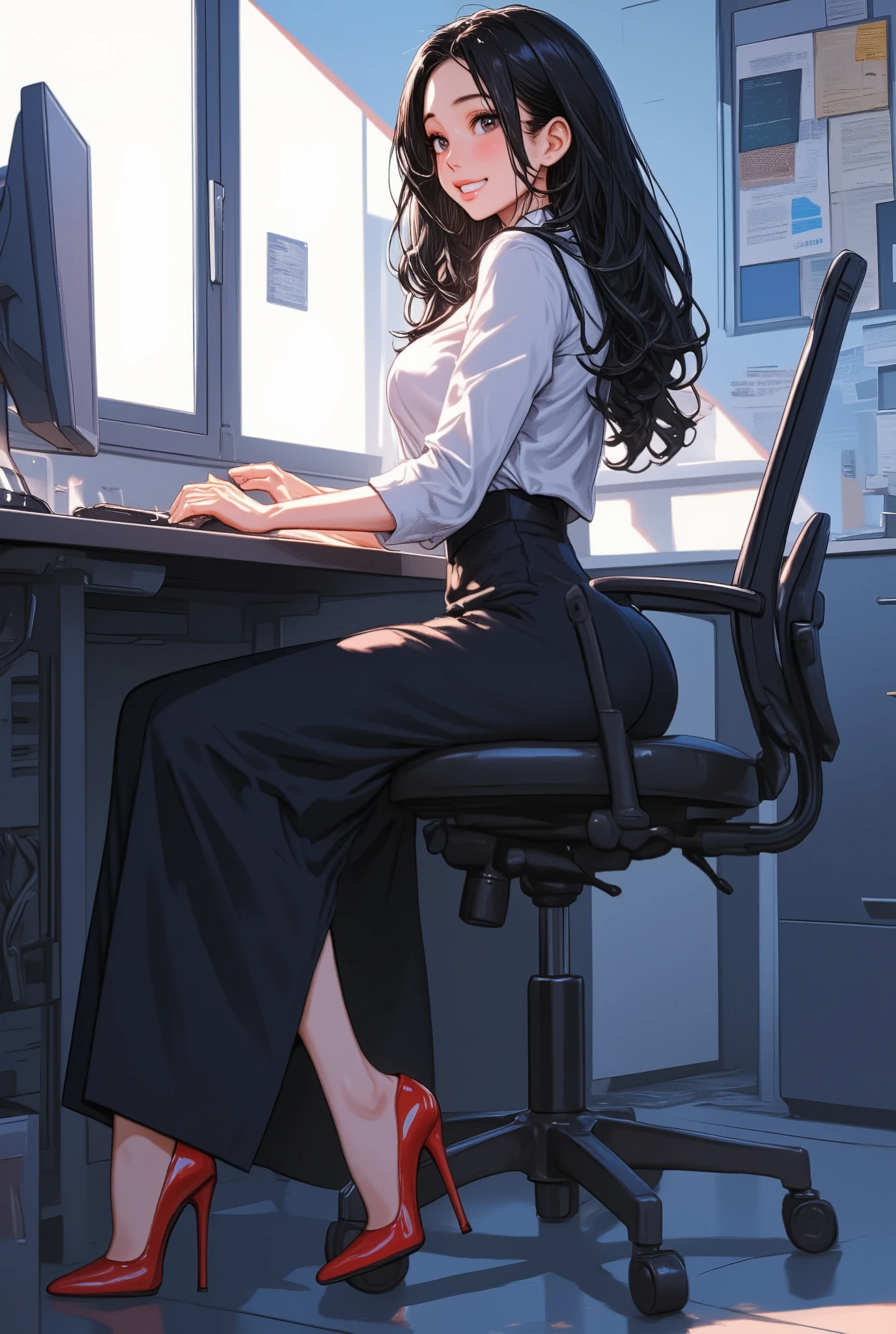 ((masterpiece, high resolution, better quality, better details)), ((Smiling)), ((one girl)) a girl sitting in the office, full body, maxi skirt, long skirt, ((long skirt without openings)),((louboutin high heels)), green eyes , ((black hair, long hair)), shiny skin, ((above view)), solo, from above, full body, focus full body, high heels, in office,