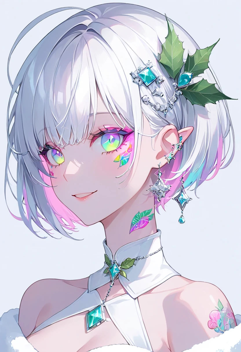 {nsfw}, medium breasts, one woman smiling, female profile, Face tattoo, Leaf shape, Eyes, digital tattoo, neon color, Neon white, white base white hair, Pastel colors, short bob hair, barrette masterpiece ,Best Quality,Exquisite,8k, absurd,Ultra-detailed illustrations, white Santa Claus costume, gemstone pierce, armpits, 