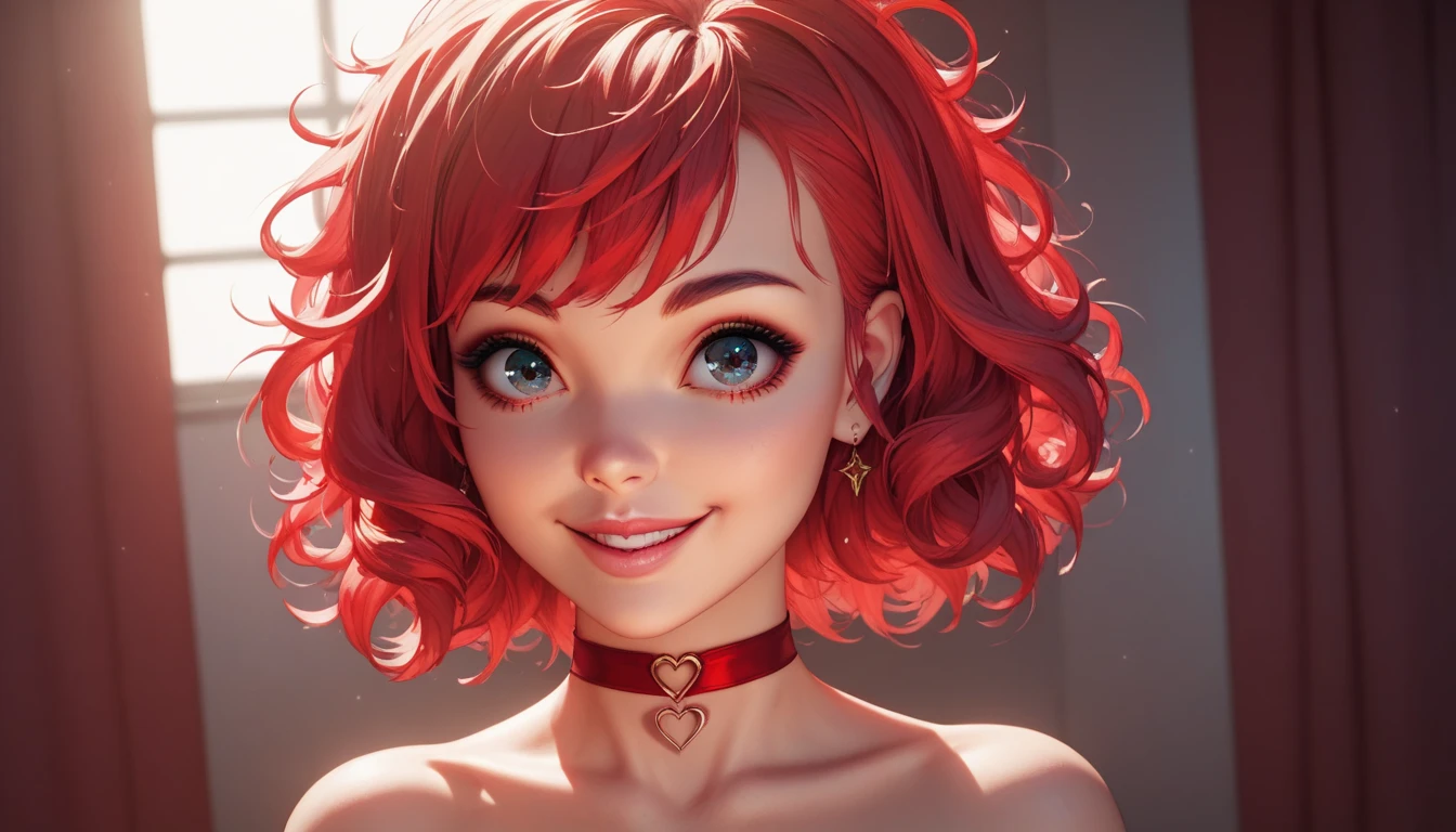 a beautiful woman, big clear eyes, eye contact, (small breasts:1.2), red choker, wide view, parted lips, pulpy lips, bright red hair, showing off skirt, short messy hair, bangs, highly detailed, soft tones, extreme detail, no background, (detailed textures:1.1),  dramatic light, happy smile, slight fisheye lens