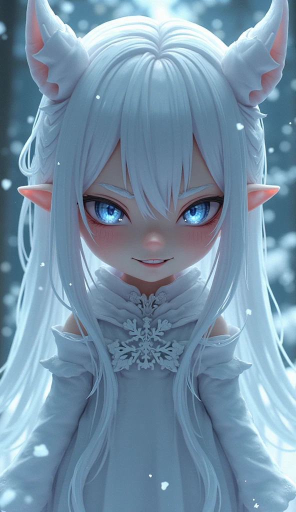 New Year's theme. snow maiden. Corrupted little anime girl evil smirking