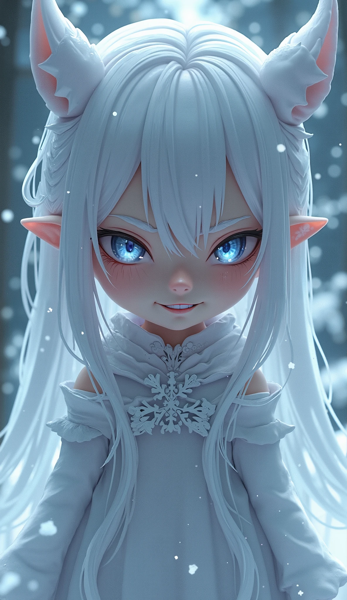 New Year's theme. snow maiden. Corrupted  anime girl evil smirking