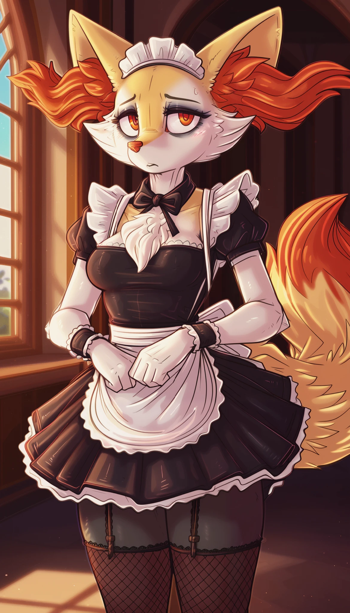 masterpiece, best quality, shy expression, nervous, tired expression, 1girl, anthro, furry, fur, fluffy fur, braixen girl, furry, animal nose, eyes makeup, orange eyes, looking at the viewer, medium breasts, thicc thighs, solo, detailed, solo, (mansion background), (shy), (maid uniform, fishnet stockings, maid wristband, black skirt), half-closed eyes, detailed, standing, teenager (18 years), (embarassed), (depressed), (baggy eyes), looking at the viewer, (dimwitdog), score_9, score_8_up, score_7_up, score_6_up, score_5_up, score_4_up