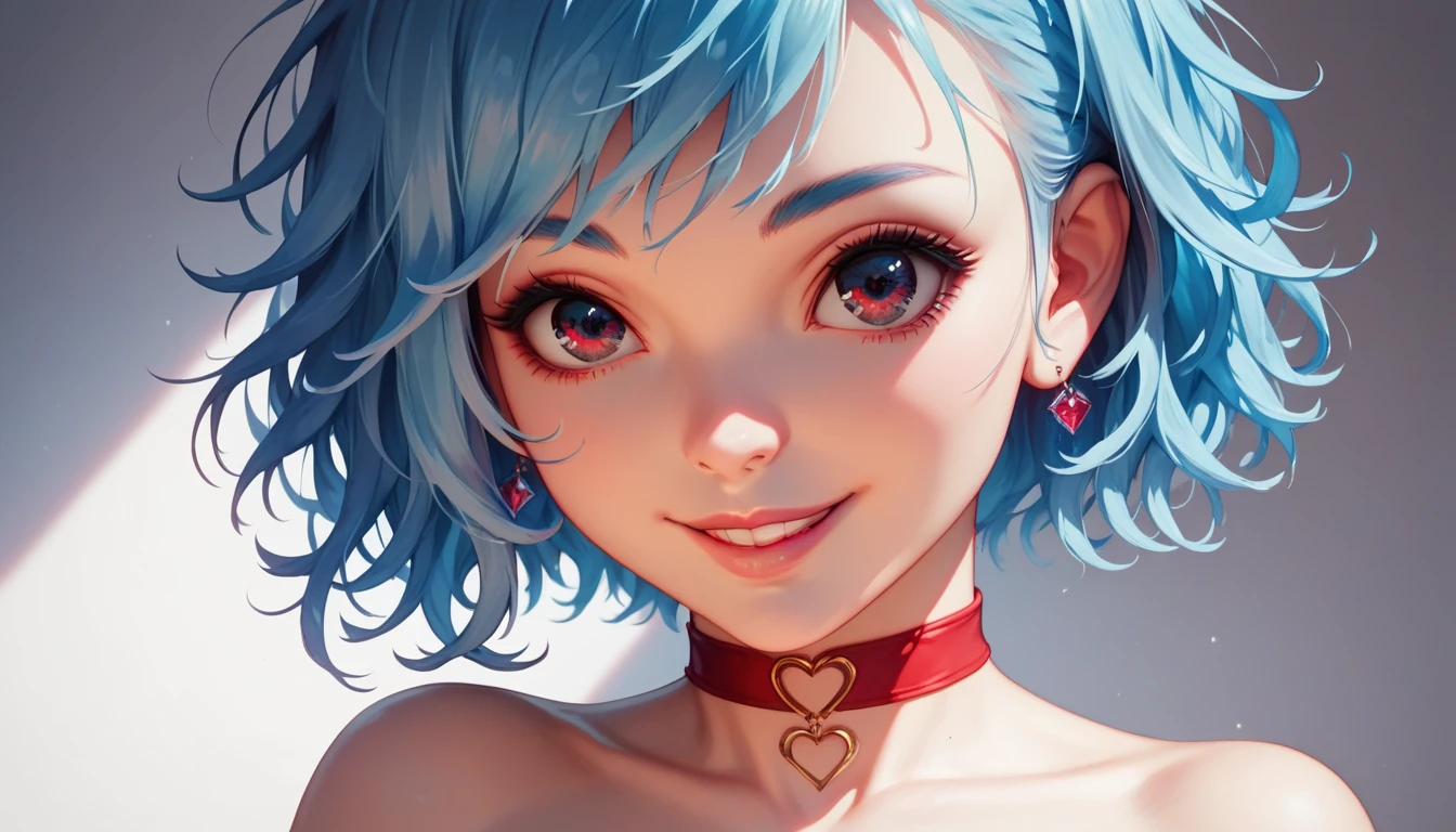 a beautiful woman, big clear eyes, eye contact, (small breasts:1.2), red choker, wide view, parted lips, pulpy lips, bright blue hair, showing off skirt, short messy hair, bangs, highly detailed, soft tones, extreme detail, no background, (detailed textures:1.1),  dramatic light, happy smile, slight fisheye lens