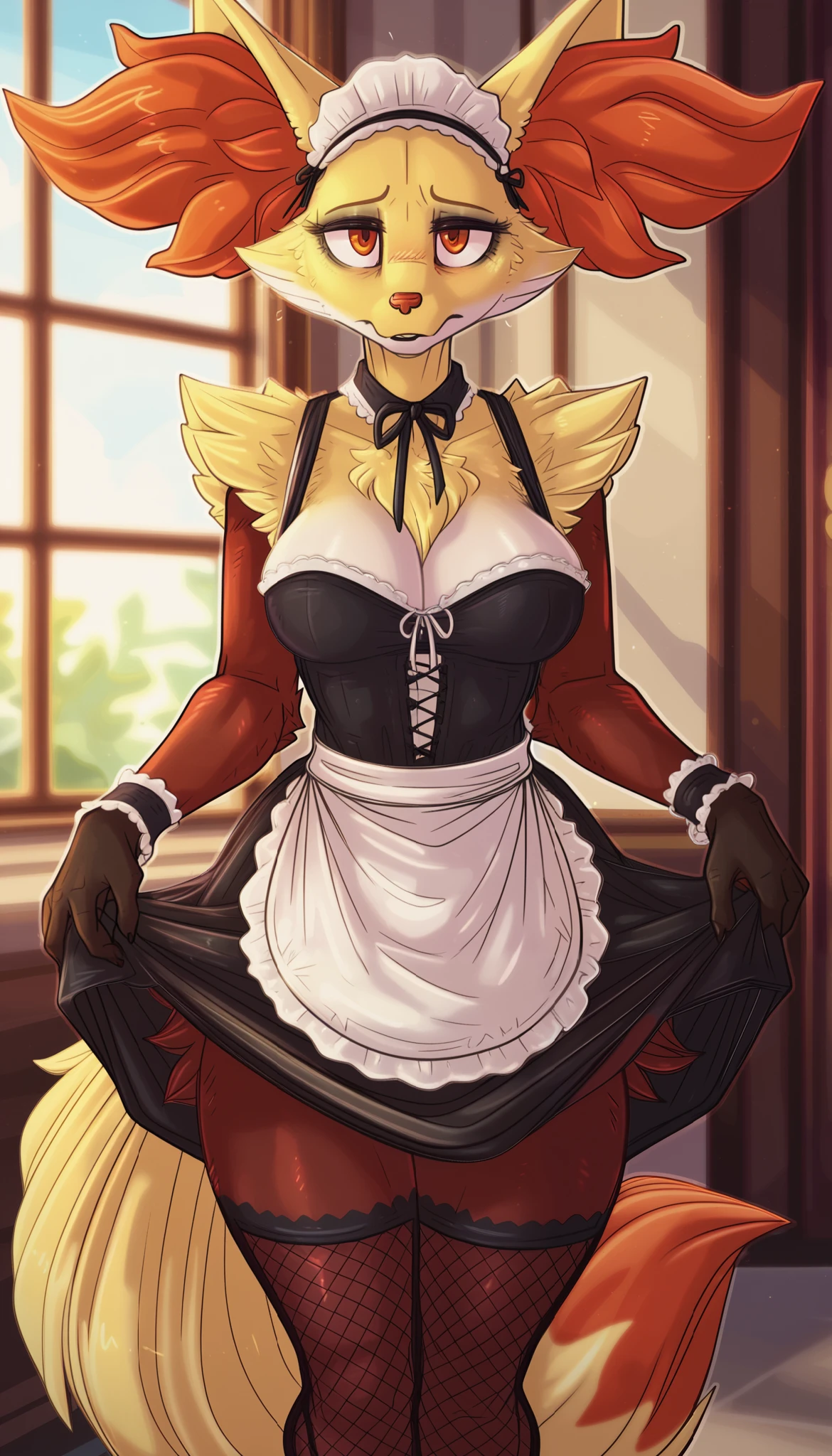 masterpiece, best quality, shy expression, nervous, tired expression, 1girl, anthro, furry, fur, fluffy fur, delphox girl, furry, animal nose, eyes makeup, orange eyes, looking at the viewer, big breasts, thicc thighs, solo, detailed, solo, (mansion background), (shy), (maid uniform, fishnet stockings, maid wristband, black skirt), half-closed eyes, detailed, standing, teenager (18 years), (embarassed), (depressed), (baggy eyes), looking at the viewer, (dimwitdog), score_9, score_8_up, score_7_up, score_6_up, score_5_up, score_4_up