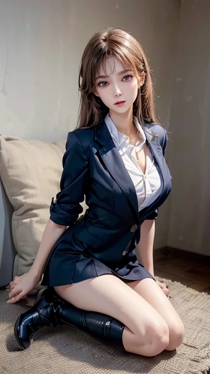 best qualtiy,tmasterpiece,hight resolution,1girll,dingdall effect,realisticlying,edge lit,two tone lighting,(highdetailskin:1.2),8K UHD,pure,Dolce,flowers background,Colorful background,Based on physical rendering,Perfect Light and Shadow,extreme hight detail,Pink tones,eye reflections,Raised sexy,perfect bodies,Superb Beauty,largeeyes,long eyelasher,Delicate eyes,(blue eyess)、big shiny eyes,Small pupil reflex,Shoulder and neck details,The texture of the pupil is delicate,Perfect eyes,black pupils,best qualtiy,tmasterpiece,16 K,a picture,head portrait,Bigchest,Medium size breasts,Delicate avatars,((Little girl standing in the waiting room of a lakeside park)),((female students、校服),((Wet navy blue blazer、Front opening、emblem on breasts))、)(Wet translucent white blouse)、(red bowtie,)(White flared skirt),(Black pantyhose),(Black loafers)、(Troubled face)、((White lace underwear is visible))