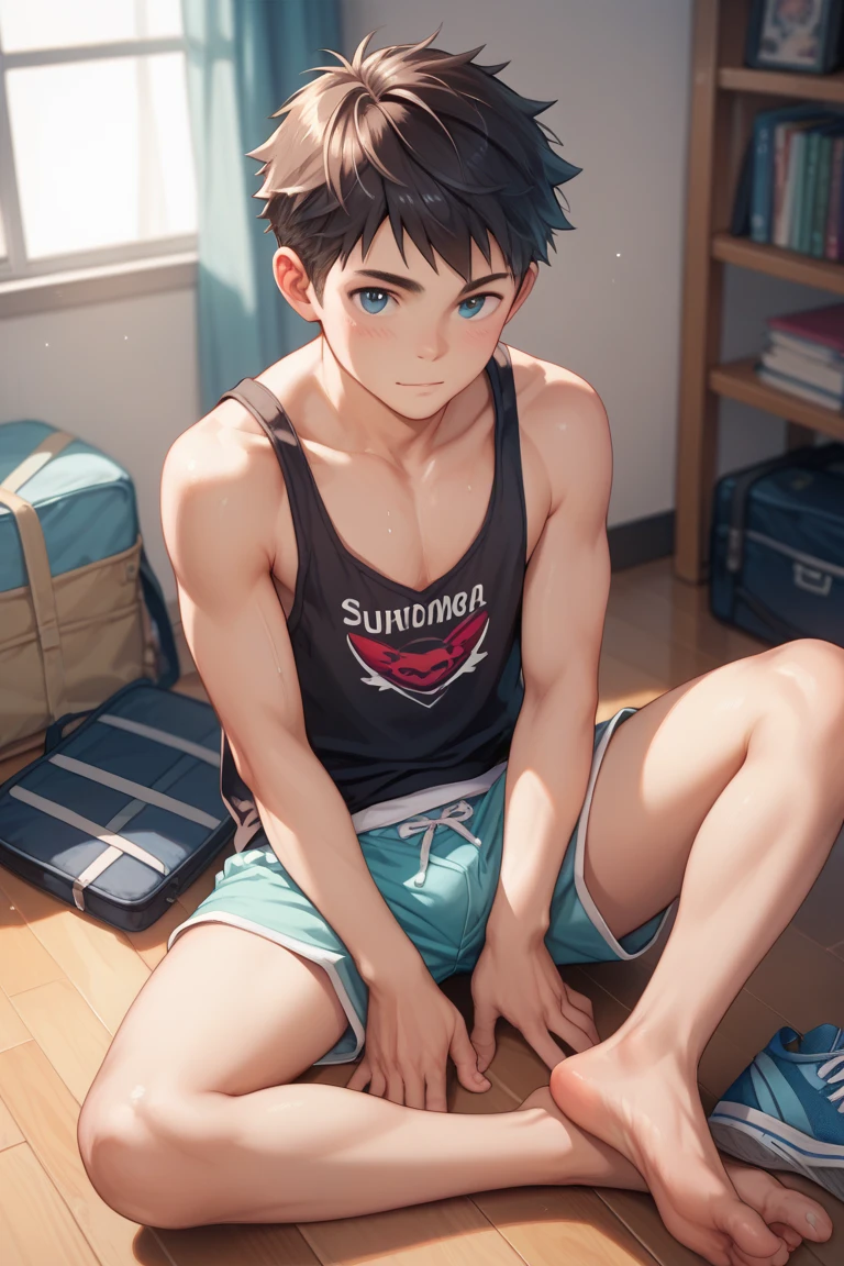 Baby-faced Japanese boy, young, Shyly, sitting on a bench in the locker room at the gym. has a slim build, Slim figure. the focus is on his groin, emphasize his innocence and weakness. The lighting is soft, casts a gentle shadow on the skin. Surrounding him, Other things have changed too, Their presence adds to the atmosphere of the scene.. portraits of boys、Captures their personality and expressions. The entire image is drawn in high resolution.、Bright colors enhance the realism and intensity of the composition.Completely naked