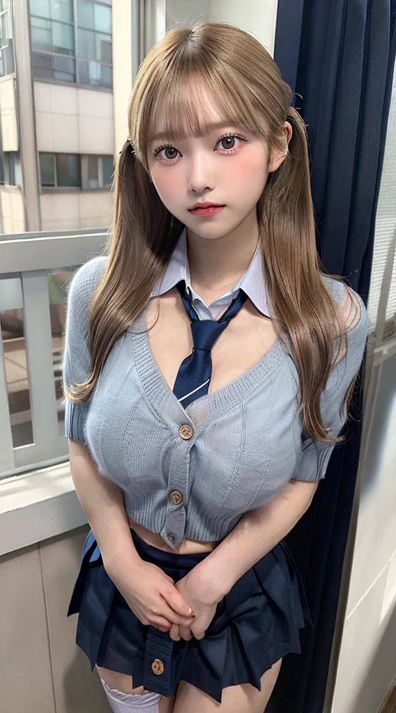 (masterpiece:1.2,  top quality), ( realistic , photo realistic :1.4),  beautiful illustration , ( natural light,  movie lights), 
 watching viewers,  Cowboy Shot , Front View:0.6,  1 girl,  Japanese , high School girl,  perfect face,  cute and symmetrical face,  pubic skin, 
( long hair:1.8,  Twin Tails :1.4,   Twin Blades:1.6, Blonde), Hairline,   asymmetrical bangs that grab the chest,  red eyes,  long eyelashes, ( Big Breasts:0.9,  thigh thickness), 
 beautiful hair,  beautiful face,  Beautiful Detailed Eyes ,  beautiful collarbone ,  beautiful body,  beautiful breasts,  beautiful thighs,  beautiful legs,   look under your beautiful fingers , 
(( light blue collared shirt with vibrator,  navy pleated mini skirt, socks,  navy tie ,  light brown cardigan)),  pink panties, 
( Beautiful Scenery ),  evening , School, classroom, curtain, Walking,  hands on chest , (Beautiful smile, Above the eyes), 